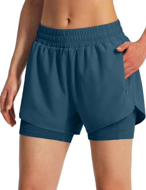 Ksmien Women's 2-in-1 Running Shorts - Quick Dry Athletic Gym Shorts with Liner & Phone Pockets