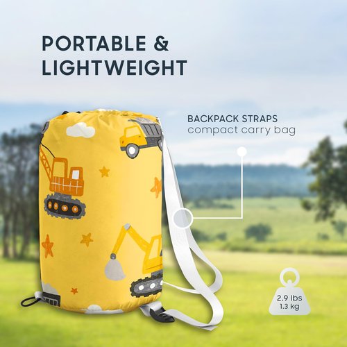 Wake In Cloud - Construction Car Kids Sleeping Bag for Boys Toddlers, Camping in Warm Cold Weather, Backpacking Lightweight Compact Outdoor Liner for 3 Seasons Summer Spring Fall, Yellow