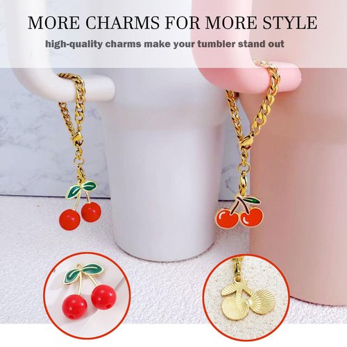 LUHOHI 4Pcs Red Cherry Charms Accessories for Stanley Cup, 3D Cherry Straws Toppers 10mm Cute Reusable Silicone Covers Fruit Set for Stanley 40 30oz Tumbler Handle Water Bottle Decorations