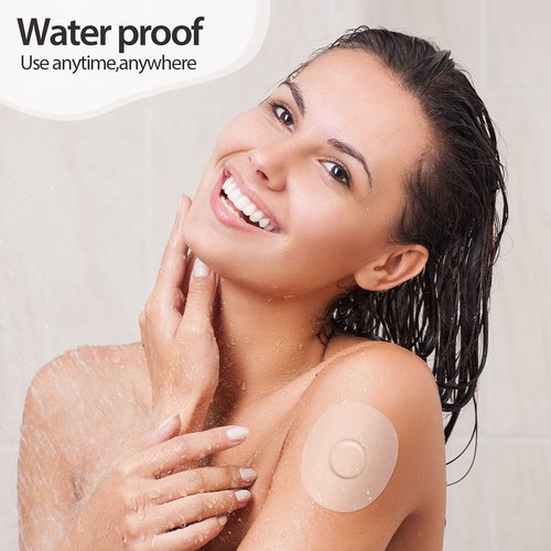 Nuanchu 60 Pieces Adhesive Patches Breathable Sensor Patches Pre-Cut Adhesive Covers Shower Waterproof Tape Continuous Glucose Monitor Protection Without Hole, Beige