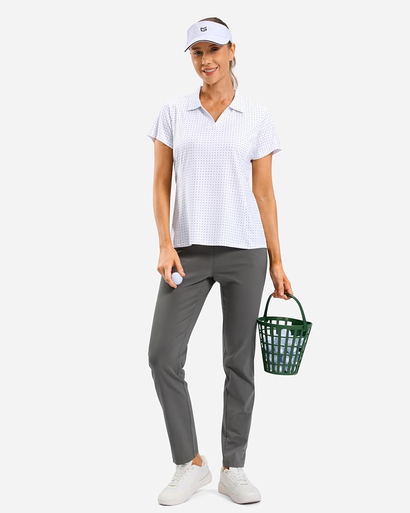 G Gradual Women's Polo Shirt - Short Sleeve V-Neck Collared Top with UPF 50+, Lightweight Dry-Fit (Black Dot, Large)