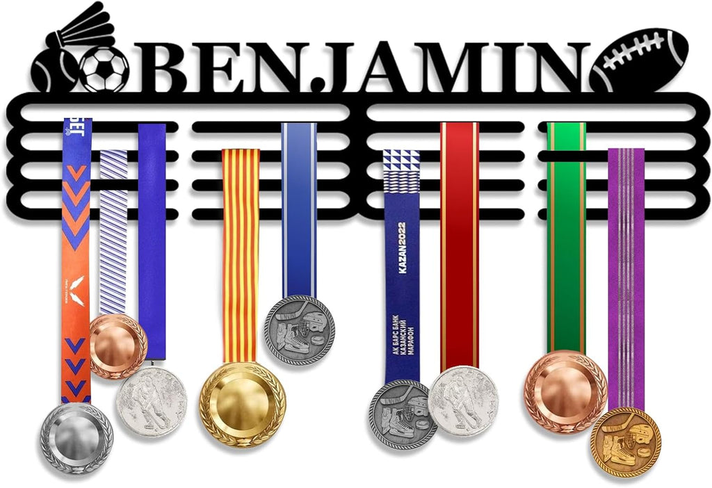 Skiennix Personalized Medal Hanger Display - Custom Name Wall Mount Trophy Shelf | Tiered Award Rack for Sports