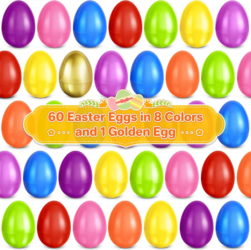 SpringFlower Colorful 2.3” Unfilled Easter Eggs - 60 Pack Plus 1 Golden Egg for Candy & Treats