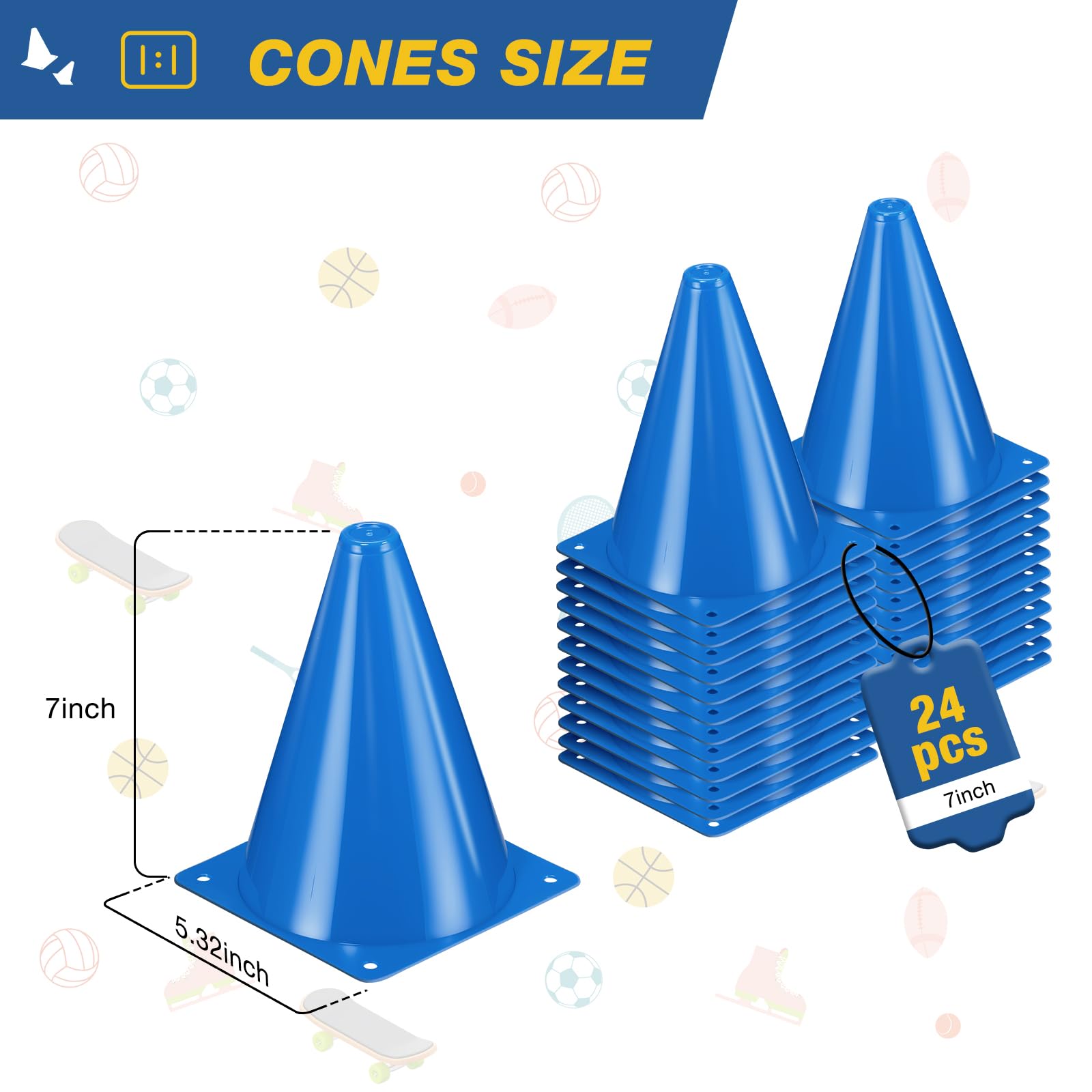 ZKNDRHJO 24pcs Cones 7 Inch Soccer Cones and Plastic Traffic Cones, Durable Cones for Sports Training, Ideal for Soccer, Basketball, Football, Skating, and Agility Drills Practice (24, Blue)