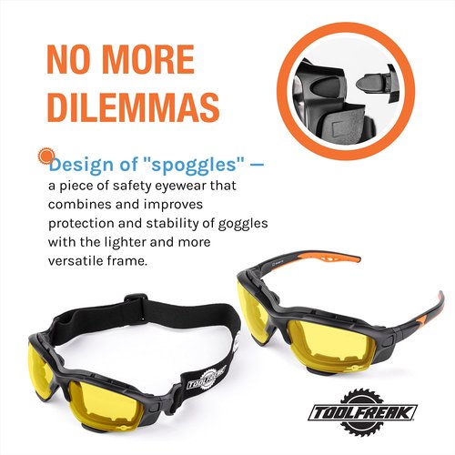 ToolFreak Spoggles Safety Glasses HD Yellow Polycarbonate Lens, Impact Protection, Foam Padded, ANSI Z87 Rated, Head Strap and Carry Pouch
