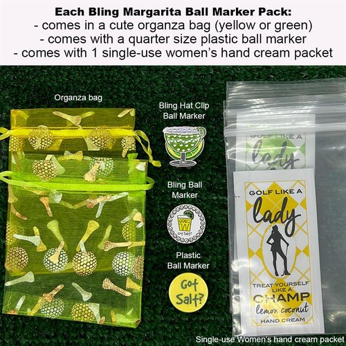 Giggle Golf Bling Golf Ball Marker Pack with Lime Hat Clip – Margarita & Tequila Shot Sparkly Markers for Women Golfers – Fun Golf Gift with Organza Bag & Bonus Hand Cream