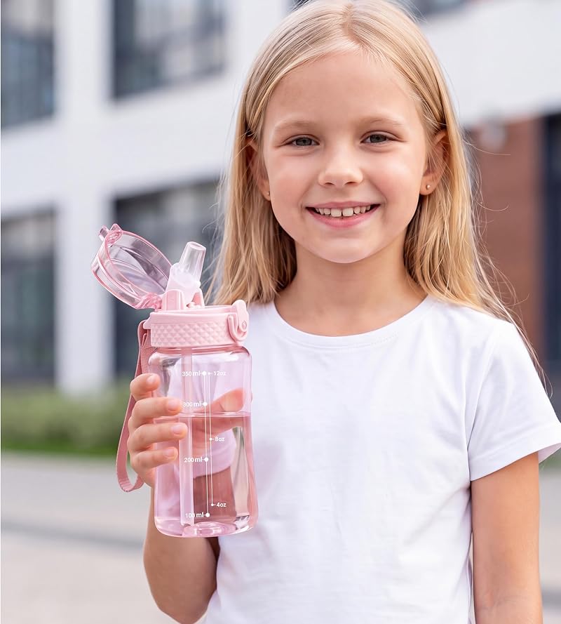OLDLEY Kids Water Bottle with Straw 12oz Cherry Blossom - Tritan BPA-Free, Time Marker