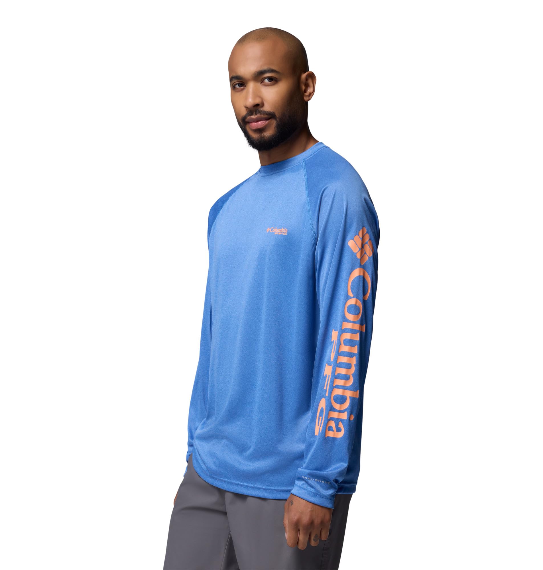 Columbia Men's PFG Terminal Tackle Long Sleeve Fishing Shirt, Vivid Blue Heather/Bright Nectar Logo, 1X