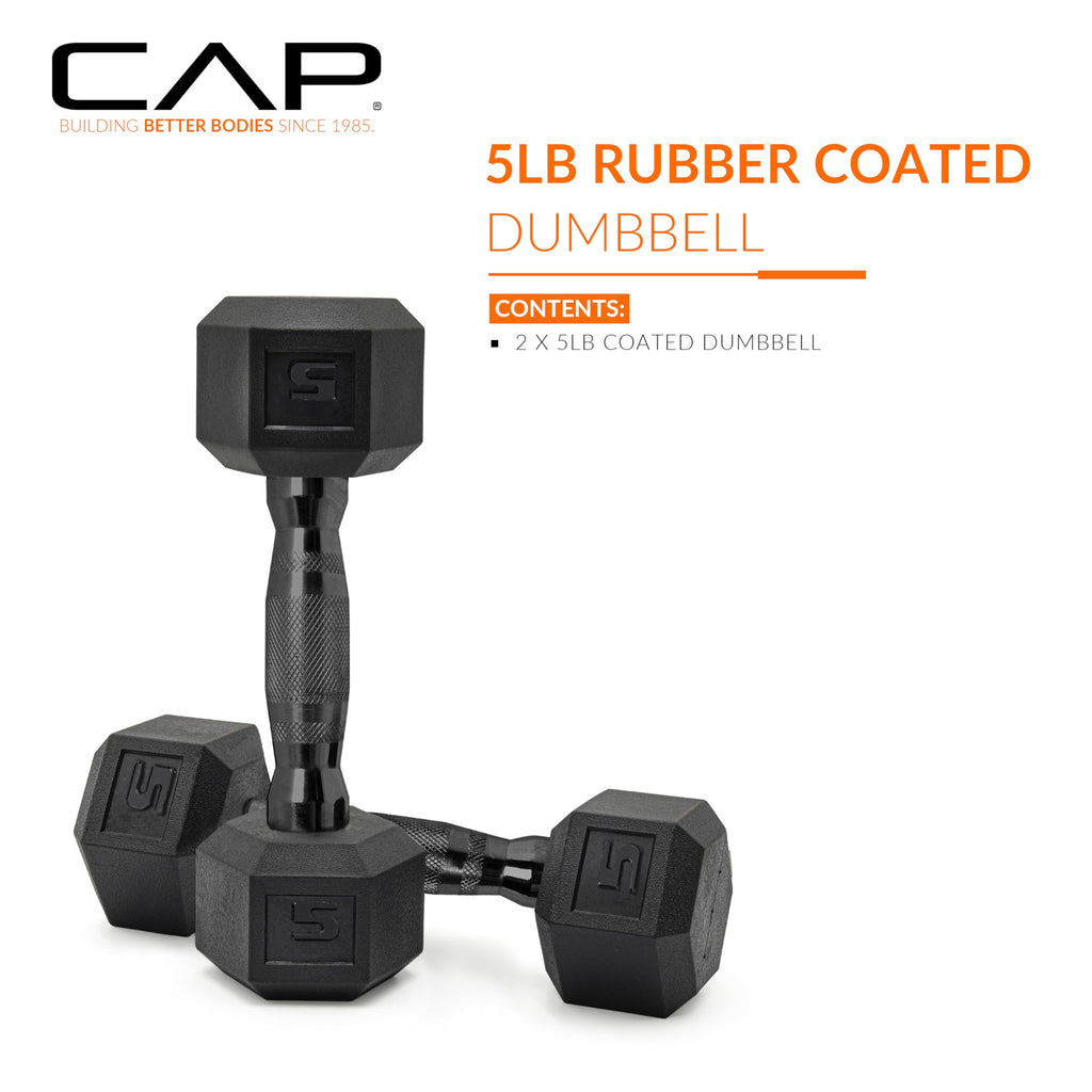 CAP 5 LB Rubber Coated Hex Dumbbell Weight, Rubber Hand Weights for Home Gym Strength Training, Black Oxide Handle, Pair
