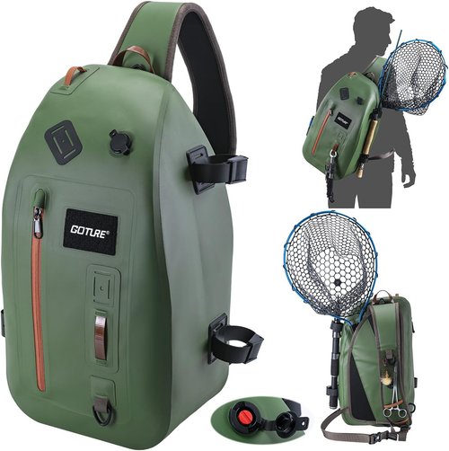 Goture Waterproof Fly Fishing Sling Pack - 13L Tackle Backpack with Rod Holder & Airtight Zipper