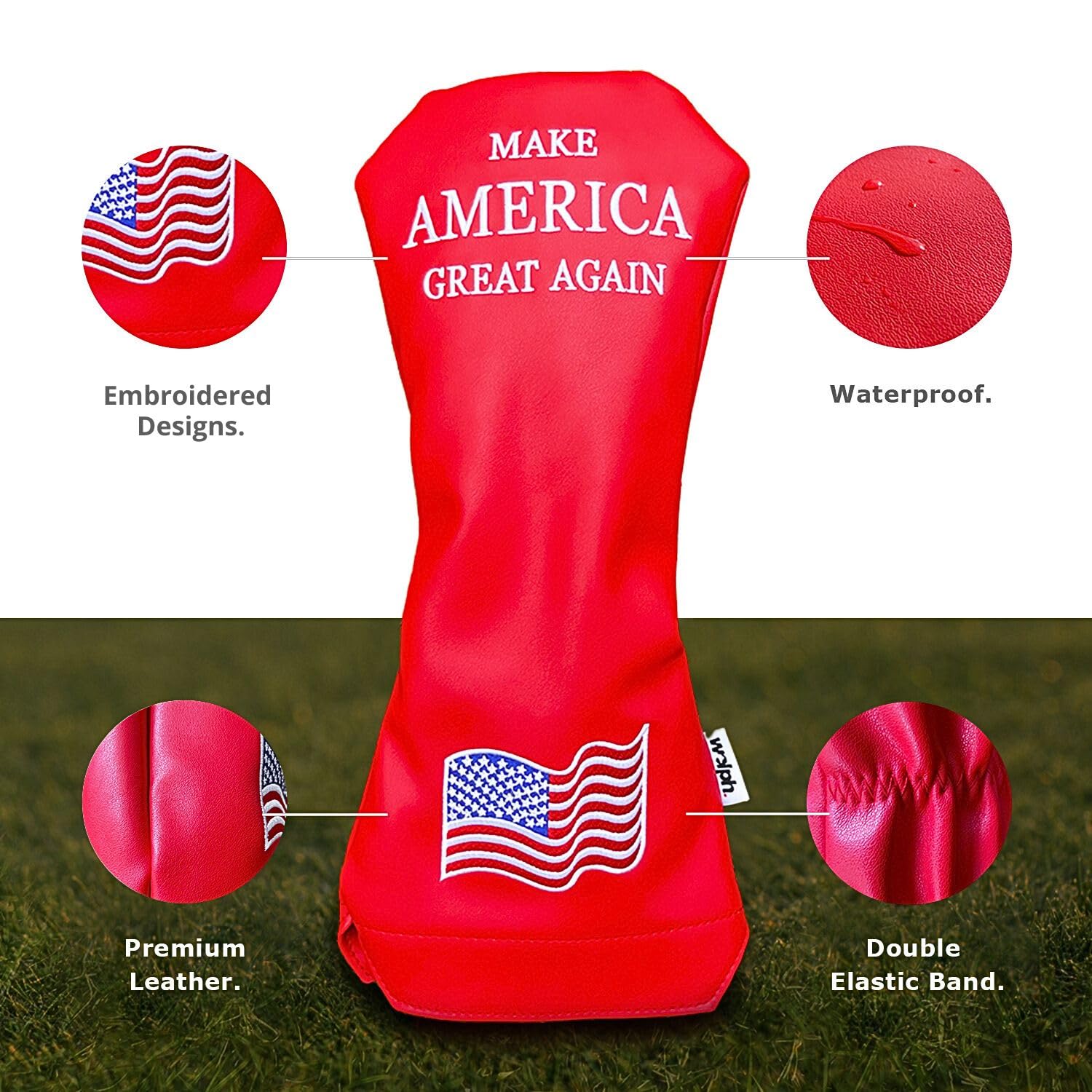 Wolph USA Driver Head Cover – Premium Leather, Iconic Red MAGA Hat Style – Trump-Inspired Funny Headcover – Trump Golf Accessories & Gift for Men and Women – Customize Your Bag.