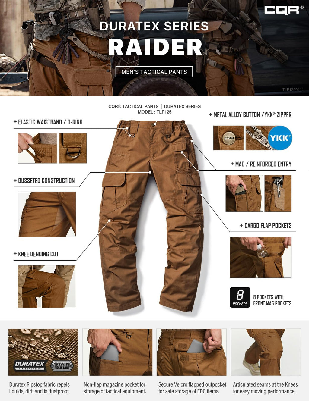 CQR Men's Tactical Pants, Water Resistant Ripstop Cargo Pants, Lightweight EDC Work Hiking Pants, Outdoor Apparel, Duratex Mag Pocket Copper Brown, 28W x 30L