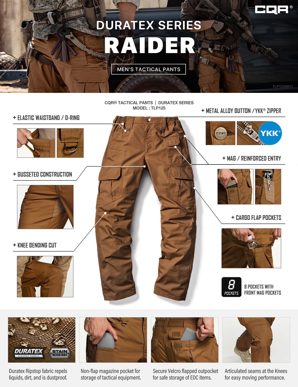 CQR Men's Tactical Pants, Water Resistant Ripstop Cargo Pants, Lightweight EDC Work Hiking Pants, Outdoor Apparel, Duratex Mag Pocket Copper Brown, 28W x 30L