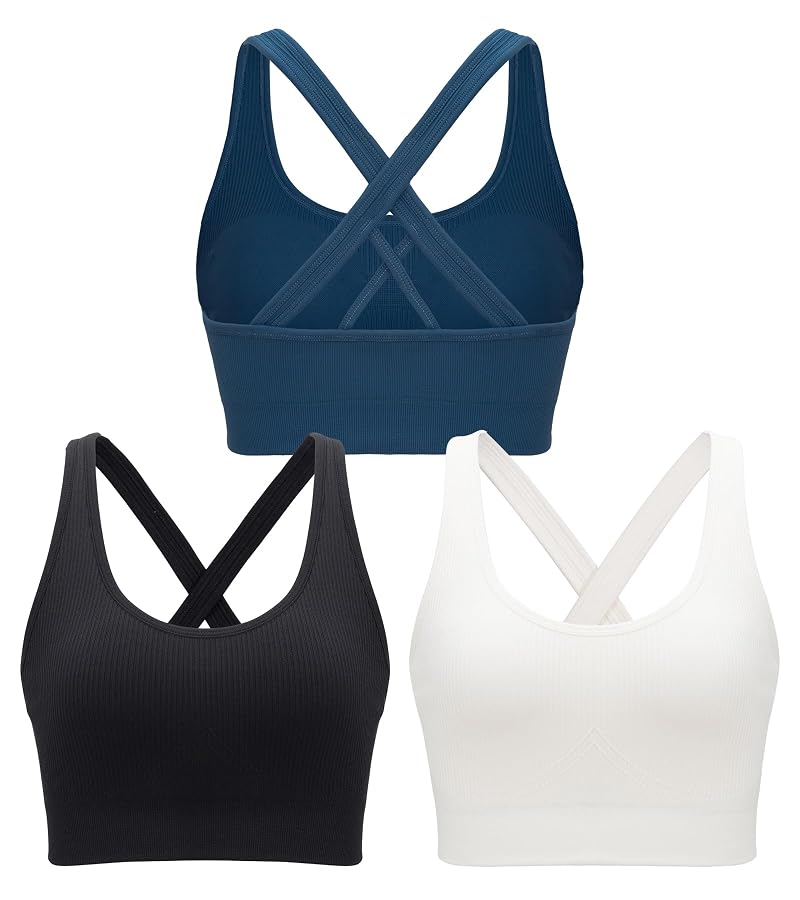 RUNNING GIRL High Support Seamless Strappy Sports Bra with Removable Pads - A-Black+White+Dark Blue+Medium
