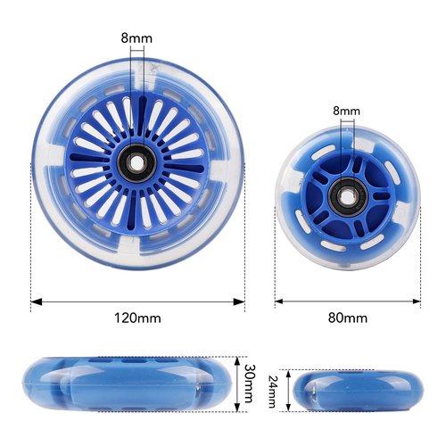 Gladeer 4-Pack Light Up Scooter Wheels - 120mm & 80mm White LED Replacement Wheel for Micro Mini Maxi Lascoota 3-Wheel Kick Scooter (Blue)