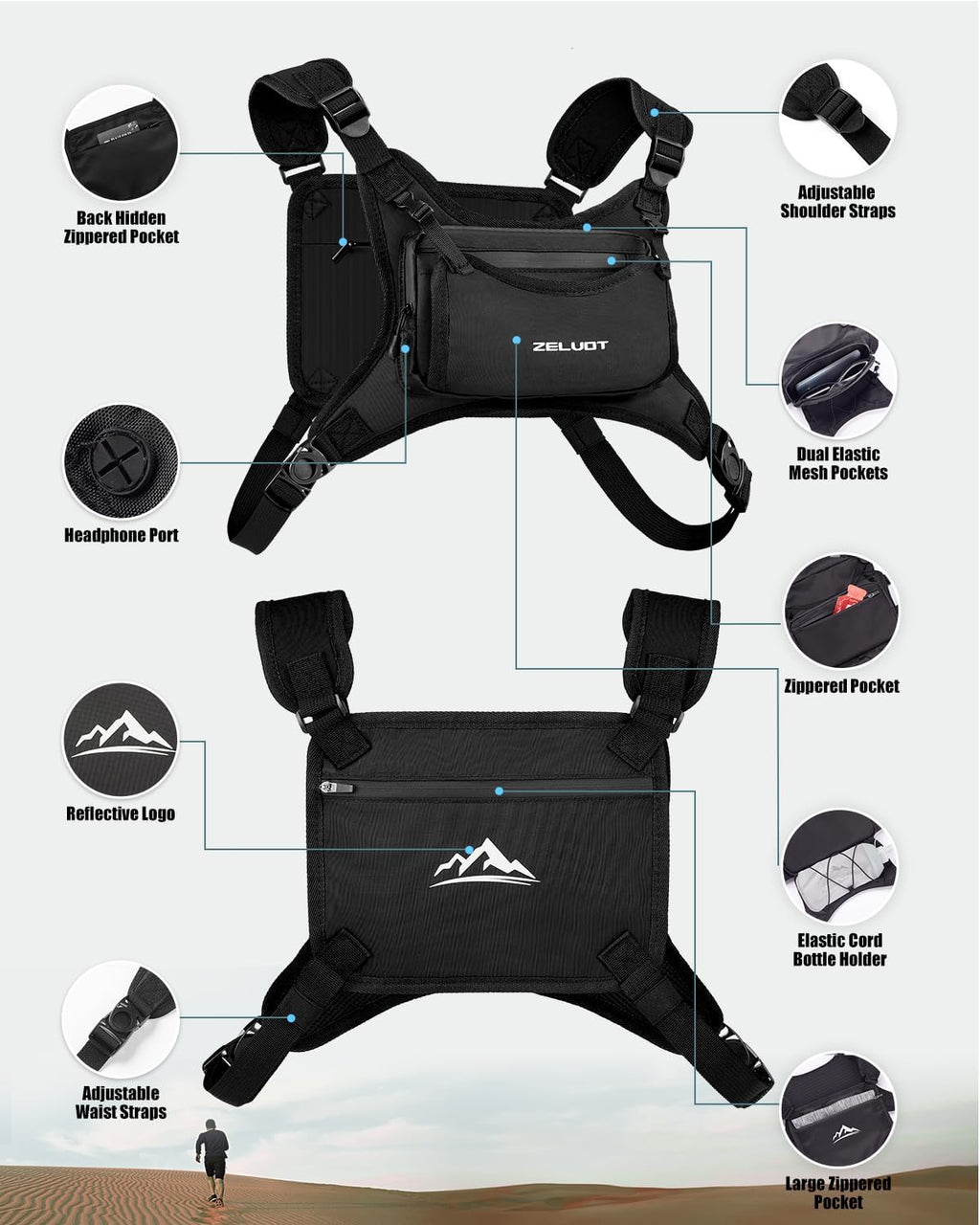Skiennix Running Vest - Lightweight Adjustable Chest Pack with 350ml Soft Flask & 4 Pockets | Reflective for Trail Running, Hiking, Cycling, Marathon