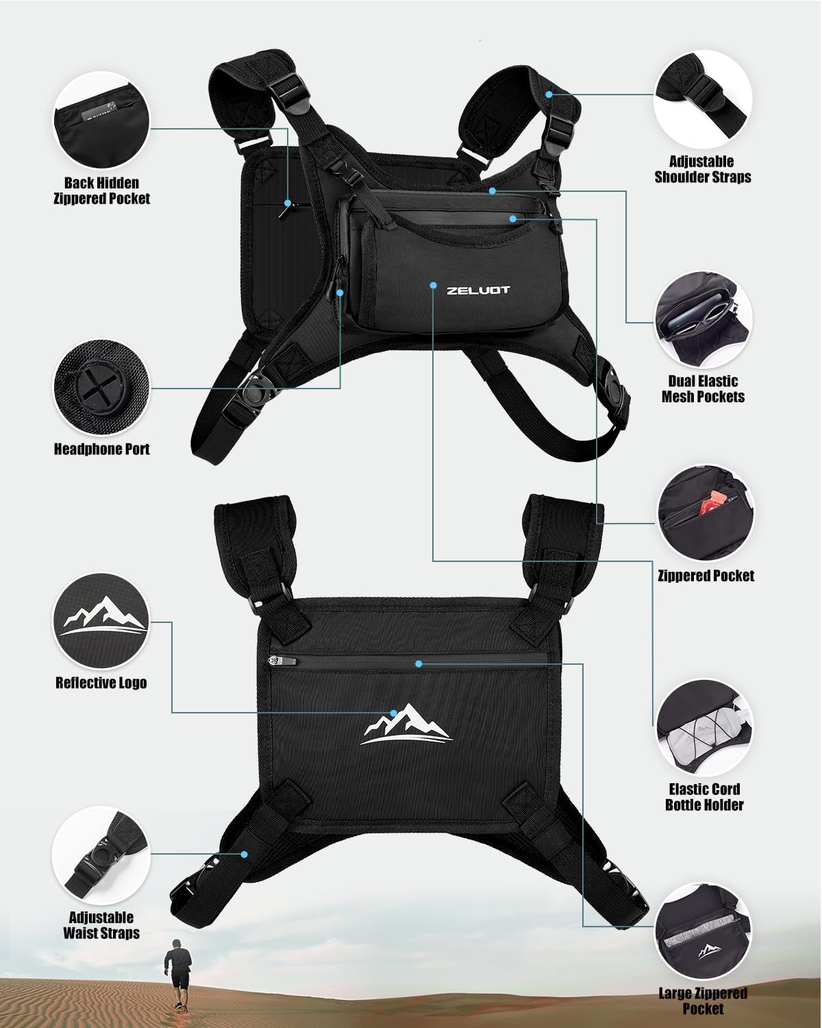 Skiennix Running Vest - Lightweight Adjustable Chest Pack with 350ml Soft Flask & 4 Pockets | Reflective for Trail Running, Hiking, Cycling, Marathon