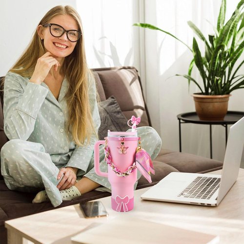 5PCS Butterfly Cup Accessories for Stanley Owala, Water Bottle Handle Strap for Stanley 30/40 oz, Including Straw Toppers, Silicone Cup Boot, Keychain Charms, Cup Decoration for Women Girls, Pink