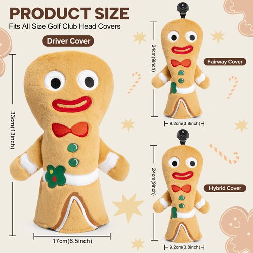 Golf Club Head Covers, Plush Gingerbread Man Golf Driver Covers Fairway Wood Hybrid Head Covers with Interchangeable Tags Advanced Embroidery 3 Wood Headcover Set(Fairway)