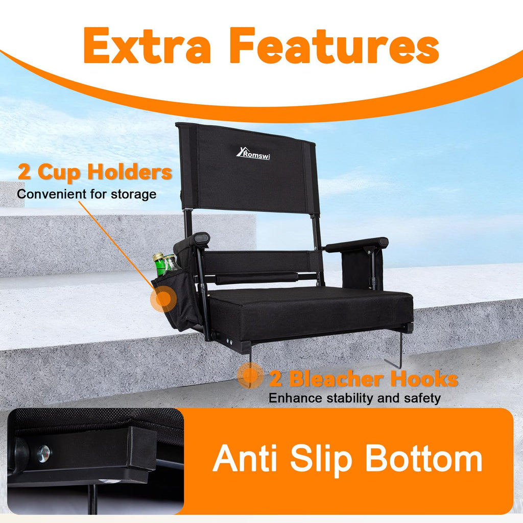 Romswi 2-Pack Stadium Seat with Height Adjustable High Back & Lumbar Support, 3" Thick Bleacher Chairs with 2 Height Adjustments, Armrests & Cup Holders, Comfortable & Portable, Black