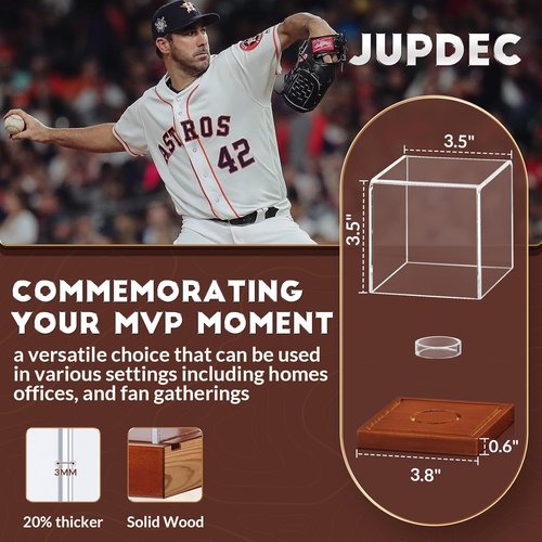 JupDec Baseball Display Case - Clear Cube Holder with Wooden Base for Autographed Balls | Acacia Wood, Brown