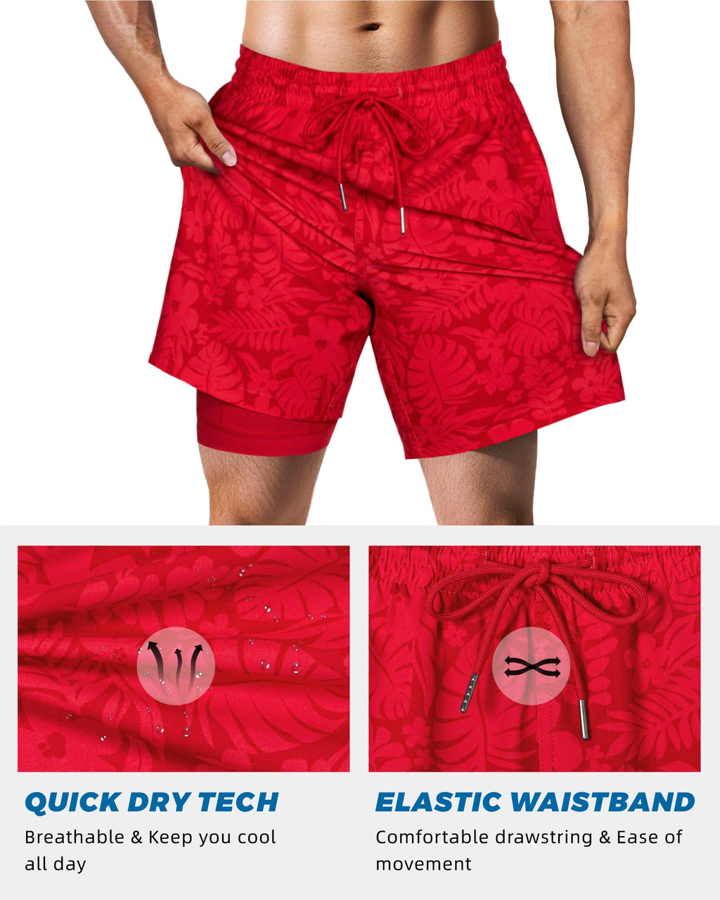 SURF CUZ Mens Swim Trunks with Compression Liner Quick Dry Swim Shorts 7" Swimming Trunks Stretch Zipper Pockets,Red Leaves,L