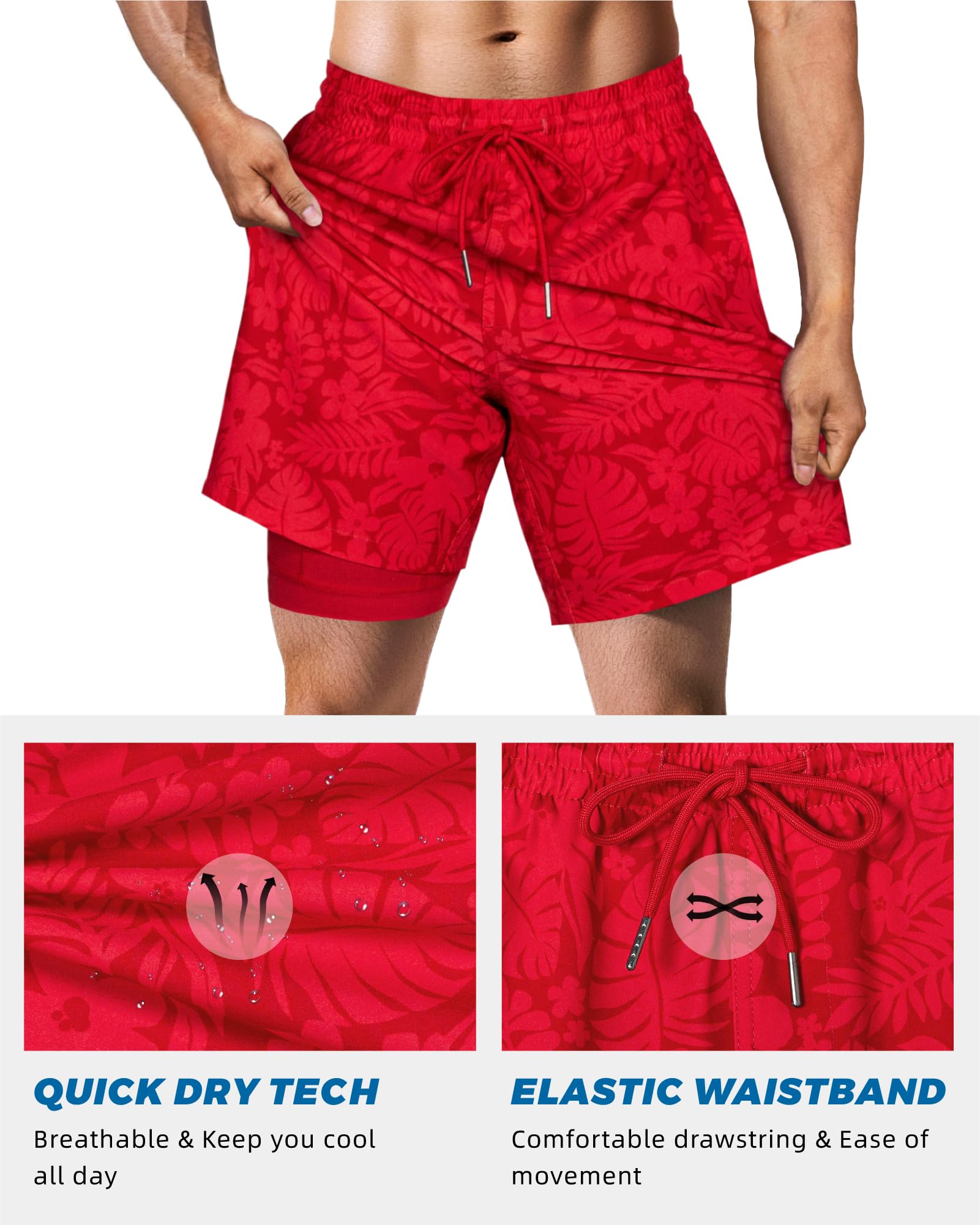 SURF CUZ Mens Swim Trunks with Compression Liner Quick Dry Swim Shorts 7" Swimming Trunks Stretch Zipper Pockets,Red Leaves,L