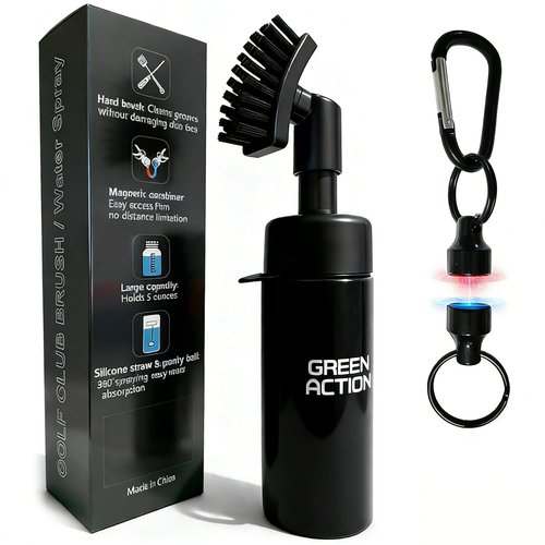 GREEN ACTION Golf Club Brush Cleaner with Water Sprayer & Magnetic Clip, Curved Stiff Bristles for Deep Cleaning, Silicone Hose & Gravity Ball for Easy Use-Holds 5 Oz Water-Golf Accessories (Black)