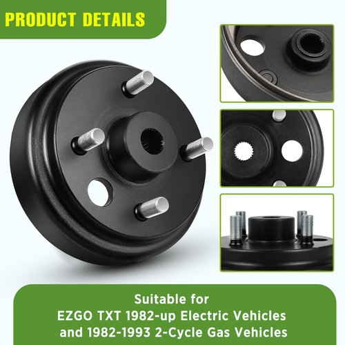 Golf Cart Brake Drum Hub Assembly for EZGO TXT 1982-up Electric Vehicles and 1982-1993 2-Cycle Gas Vehicles, 24 Tooth Star Spline Drums, Replace OEM# 19186G1P 19186-G1, 2 Pcs