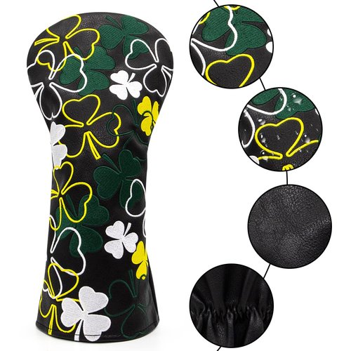 Lucky Shamrock Golf Driver Head Cover, Wood Headcover - Black Synthetic Leather Driver Headcover Golf Club Protective