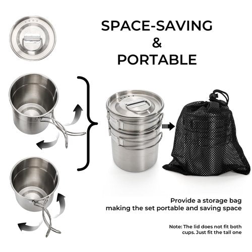 Nagpew 2 Pieces Stainless Steel Camping Cups, Stackable Camping Mugs with Storage Bag, Foldable Handles, Vented Lid, Metal Backpacking Cookware Bush Pot for Coffee, Tea, Hiking