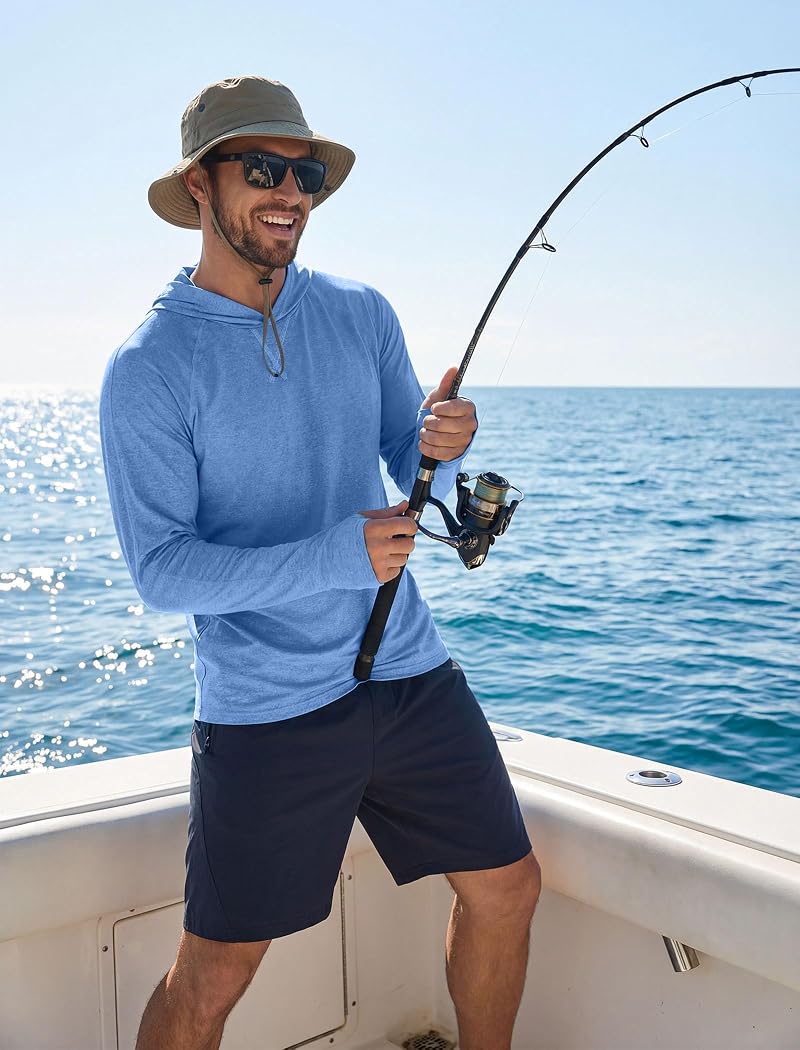 COOFANDY Men's UPF 50+ Fishing Shirt Hooded Long Sleeve Rash Guard, A-light Blue, Large