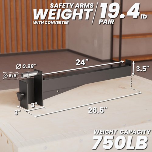 Synergee Safety Arms for 3x3 Power and Squat Racks, Fits Racks with 1" and 5/8" Holes. Rack-Mounted Safety Arm Attachment for Spotting, Bench Press, and Squats.