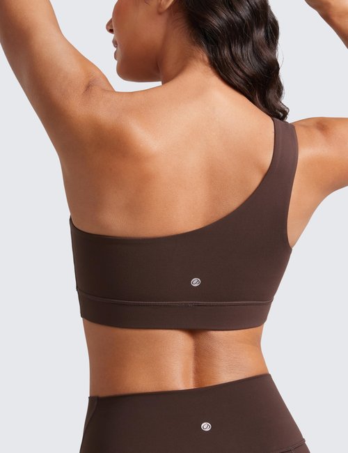 CRZ YOGA Butterluxe One Shoulder Sports Bras for Women - Sleeveless One Strap Low Impact Asymmetrical Workout Yoga Tops Hot Fudge Brown Medium