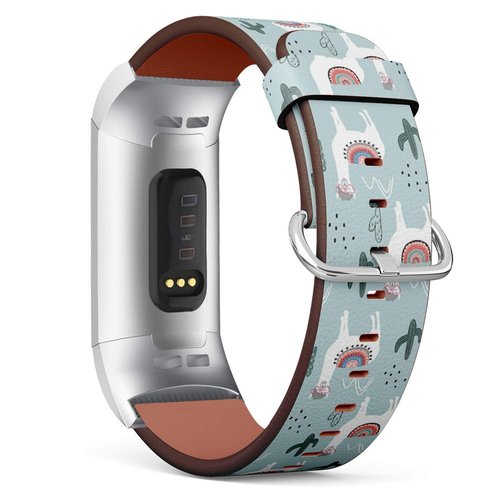 Compatible with Fitbit Charge 3 & 3 SE - Leather Wristband Bracelet Replacement Accessory Band (Includes Adapters) - Llama Cactus