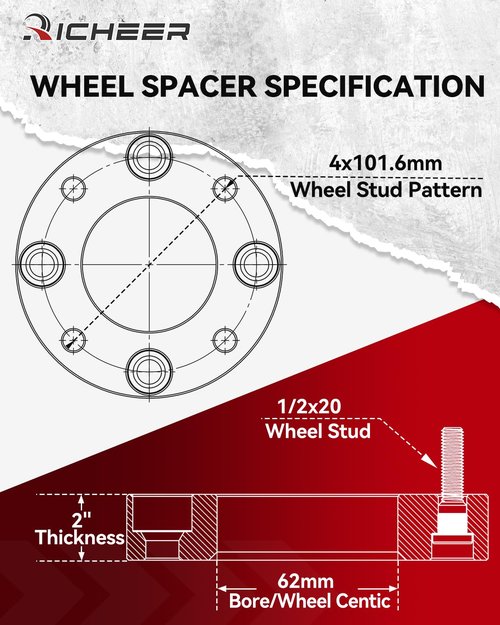 Richeer 2 inch 4x4 Wheel Spacers for EZ GO EZGO Club Car Golf Carts and ATV Vehicles, 4 PCS 4x101.6mm Wheel Spacers with 1/2 x20 Studs & 62mm Center Bore