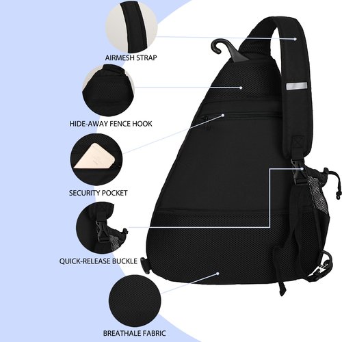 Goloni Pickleball Sling Bag for Men Women, Lightweight Pickleball Backpack with Fence Hook, Large Capacity Pickleball Bag with Anti-Theft Pocket, Water-Resistant for Tennis Padel Sports,Black