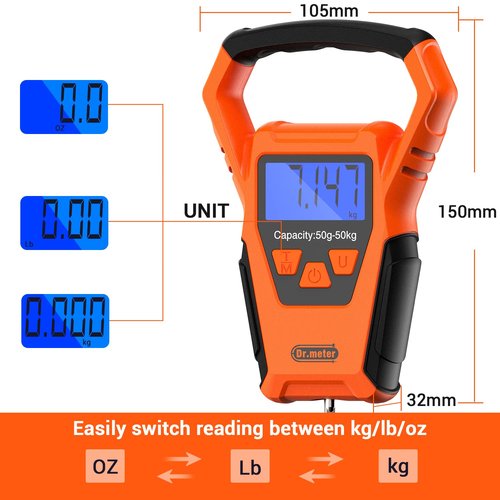 Dr.meter Waterproof Fish Scale - Digital Hanging Scale with Backlit LCD Display | 110lb Capacity, Built-in Tape