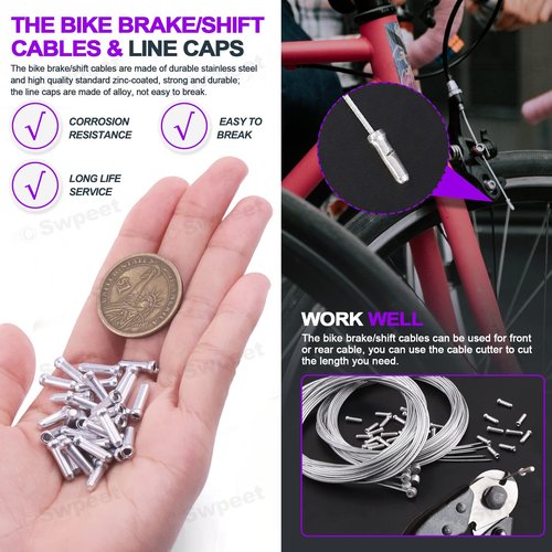 Swpeet 83Pcs Stainless Steel Bike Cable Cutter and Brake Cable Housing Shift Cable Housing with End Caps, Bike Brake Cable Shifter Cable and O-Rings Kit, Perfect for Mountain Road Bike Bicycle