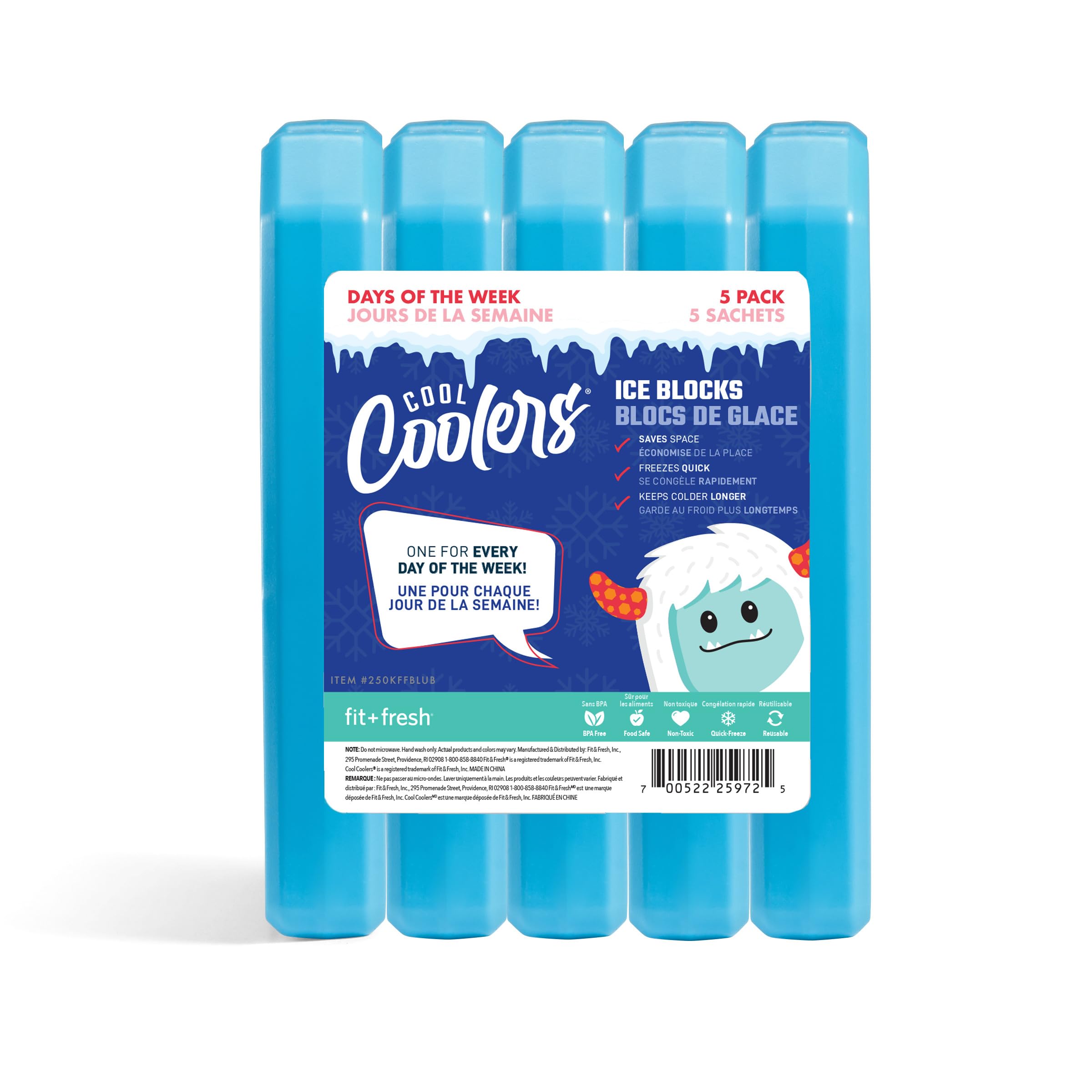 Cool Coolers by Fit + Fresh, 5 Pack Days of the Week Ice Blocks, Compact & Reusable Ice Packs for Lunch Boxes & Coolers, Blue