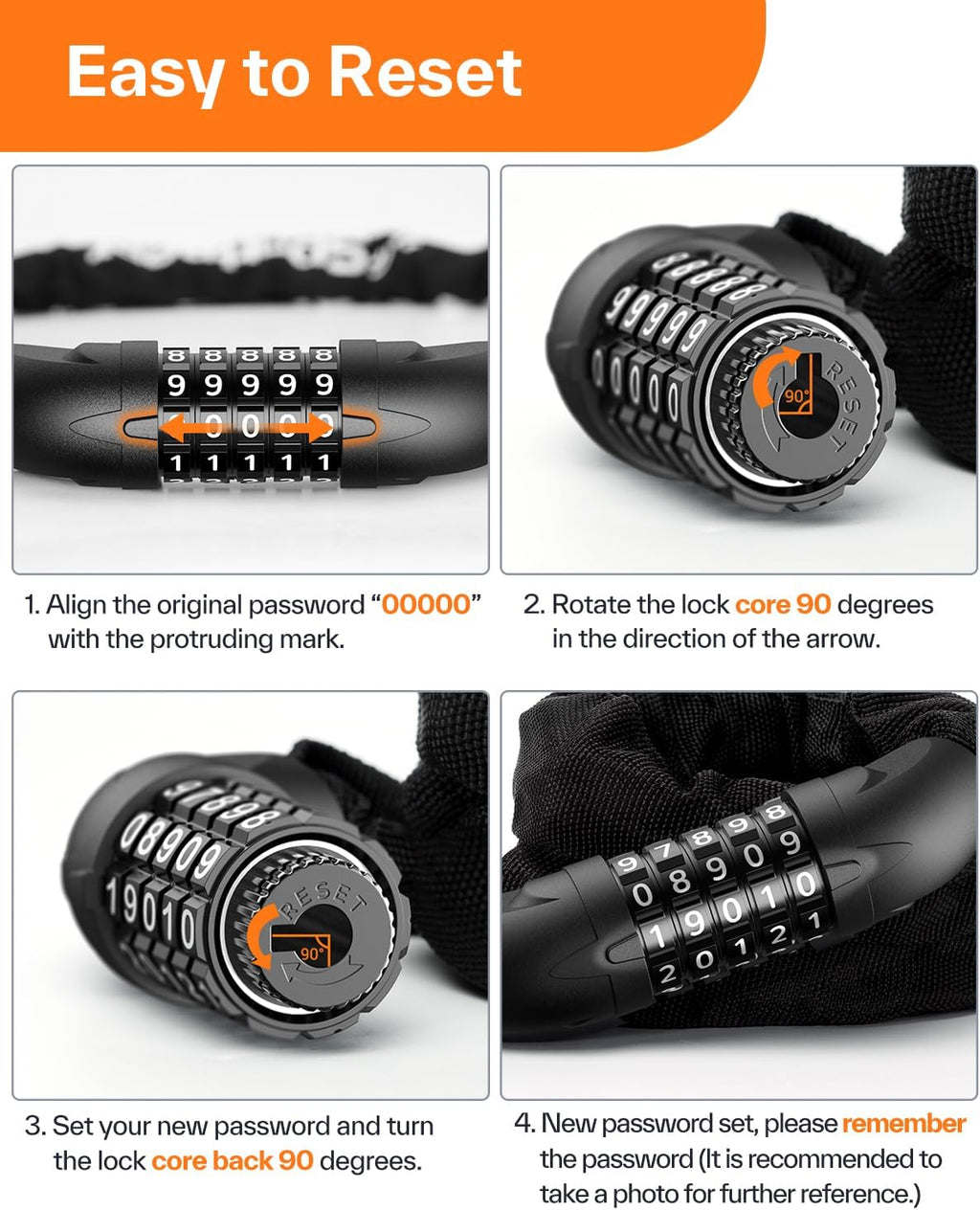 Sportneer Bike Lock - High Security 5-Digit Combination Chain Lock | Keyless Design, 3.2/3.6/4ft Length, 4/6mm Thickness