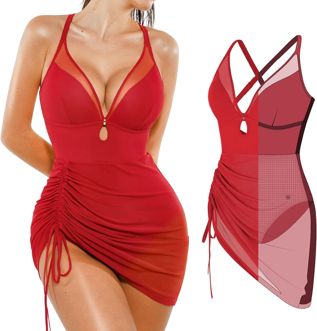 Popilush One-Piece Swim Dress for Women - Tummy Control & Slimming Mesh Sheer Wraps