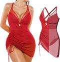 Popilush One-Piece Swim Dress for Women - Tummy Control & Slimming Mesh Sheer Wraps