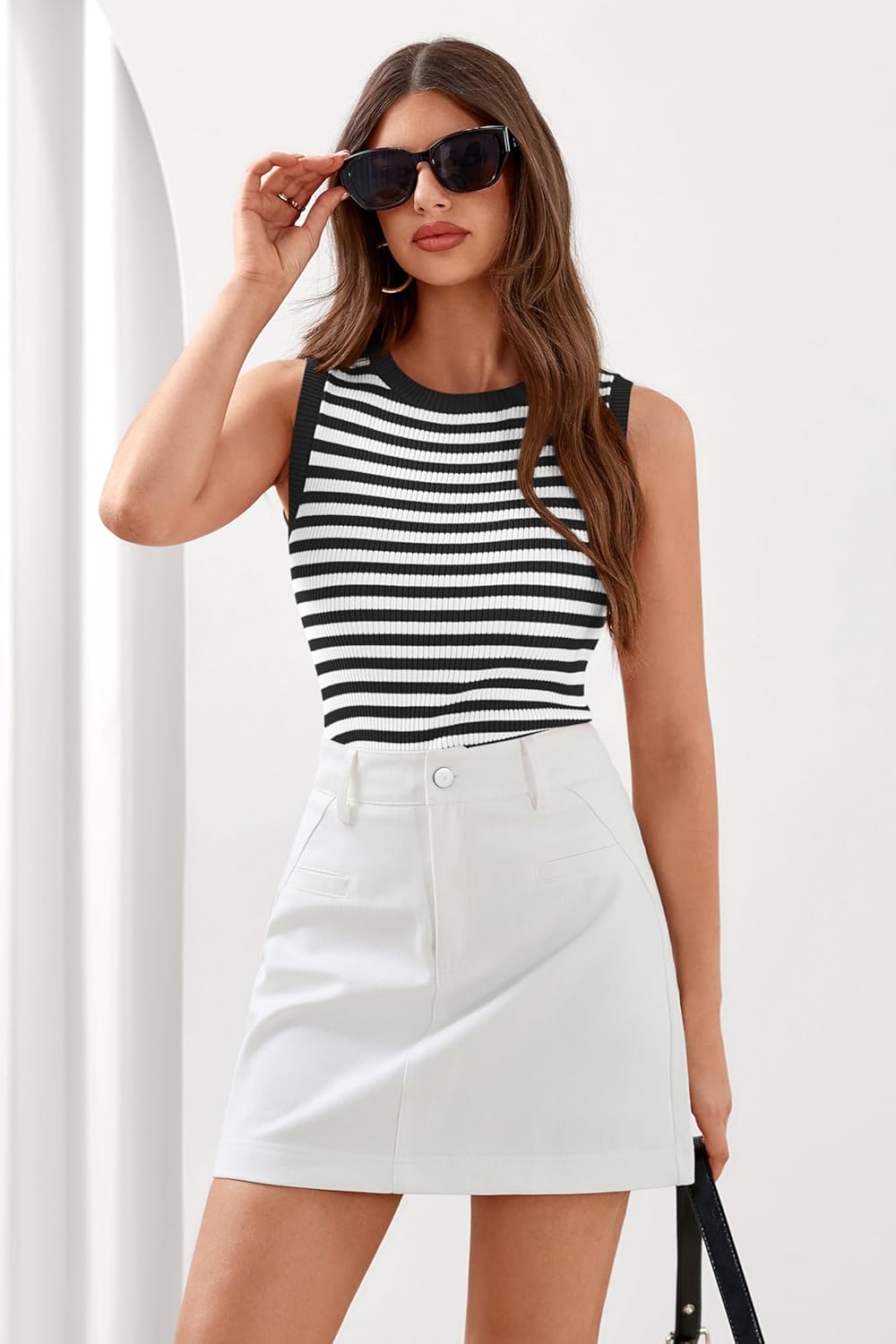 PRETTYGARDEN Summer High Neck Striped Tank Top - Casual Sleeveless Ribbed Knit Shirt for Women