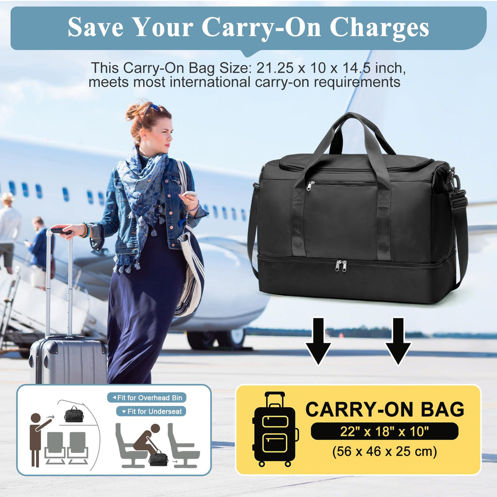 Extra Large Travel Duffle Bag,Carry on Overnight Weekend Bag with Shoes Compartment,Weekender Bags for Women for Travel Business Trips Sport Hospital,3 Pcs Set,Black