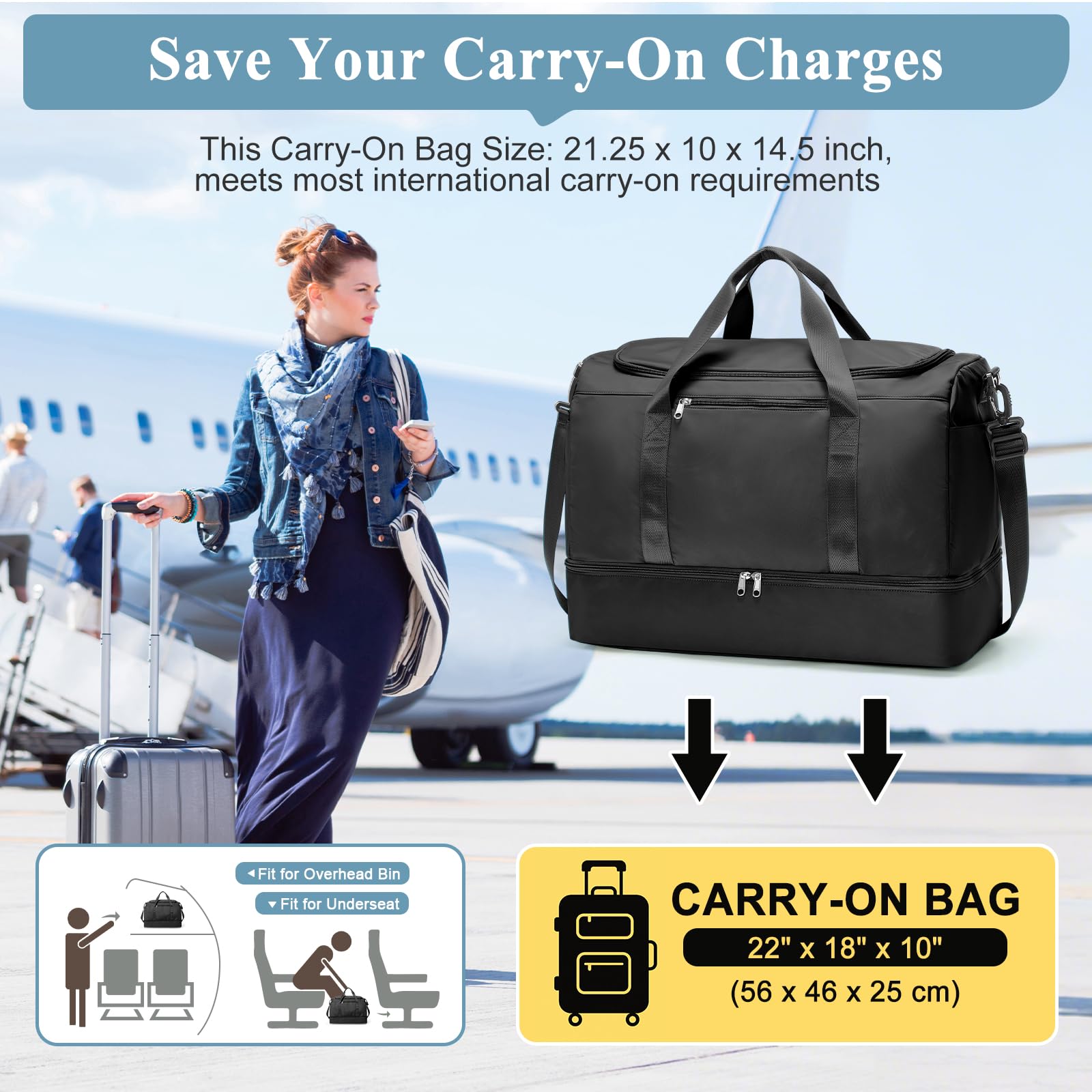 Extra Large Travel Duffle Bag,Carry on Overnight Weekend Bag with Shoes Compartment,Weekender Bags for Women for Travel Business Trips Sport Hospital,3 Pcs Set,Black