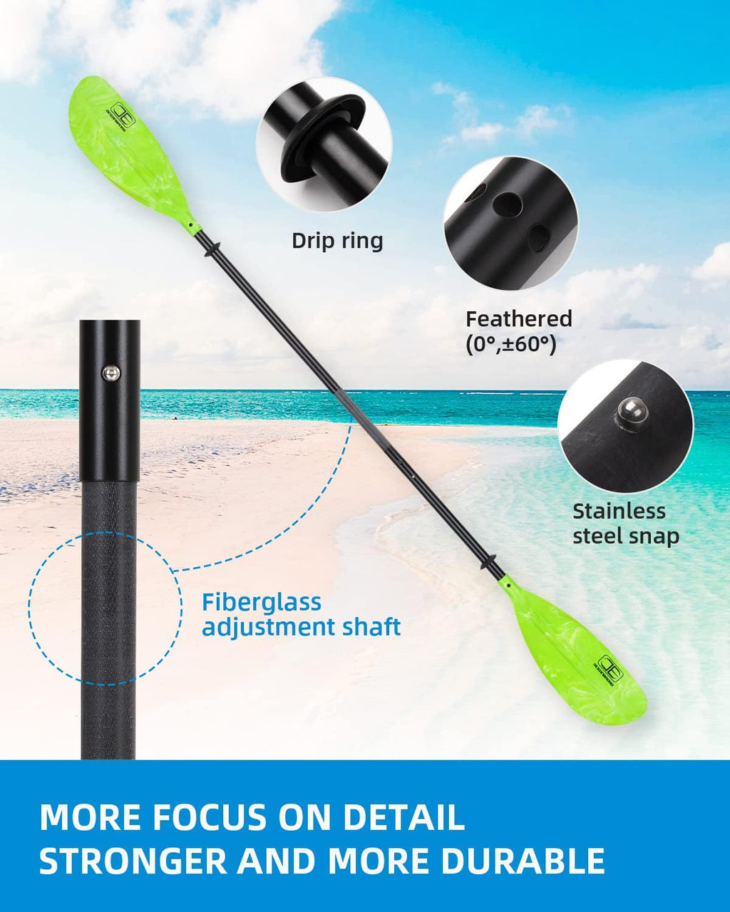 OCEANBROAD Adjustable Kayak Paddle - 86in to 94in | Lightweight Canoeing Oar with Paddle Leash