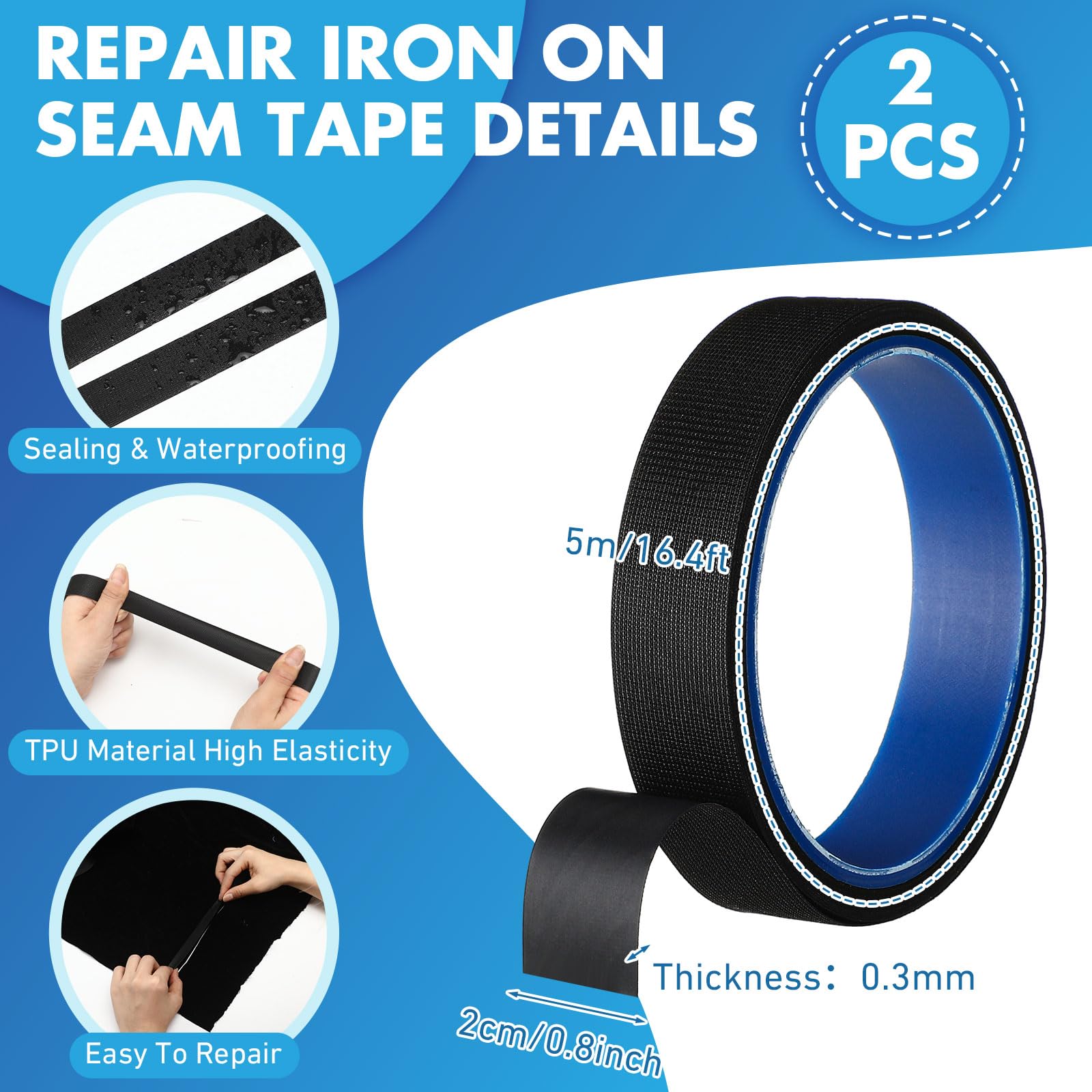 VioraWhite 2 Rolls Wetsuit Repair Iron On Seam Tape 0.8 Inch 16.4 Ft Waterproof Sealing Patch for Neoprene Wetsuit Drysuit Fishing Suits Industrial Standard Carrier Material Black Color