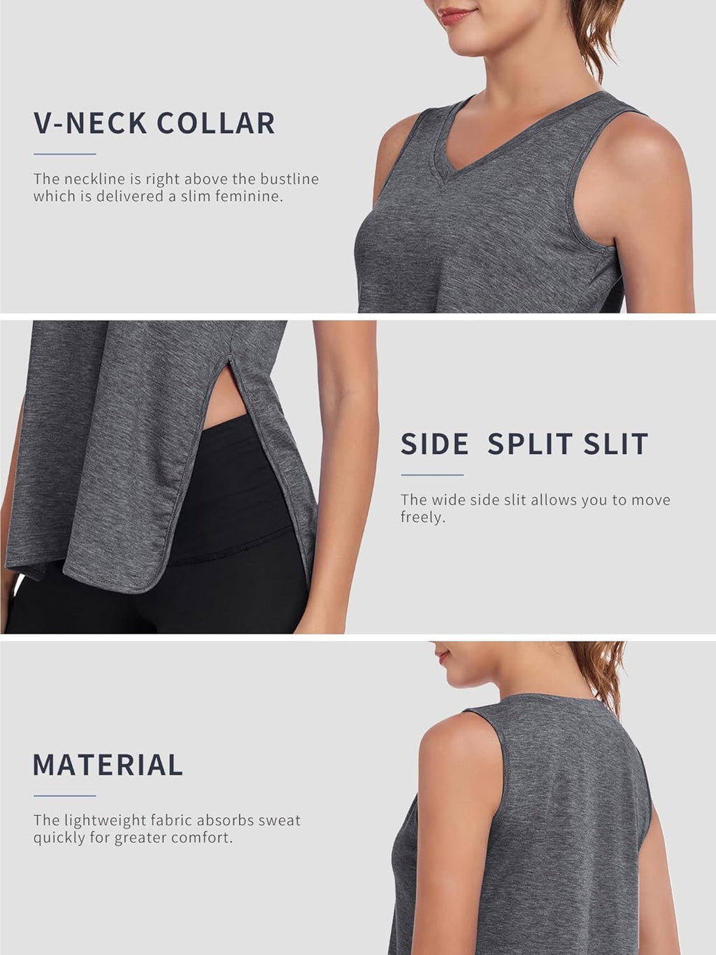 Skiennix Women's V-Neck Workout Tank Tops - Sleeveless Yoga & Running Shirts with Side Split