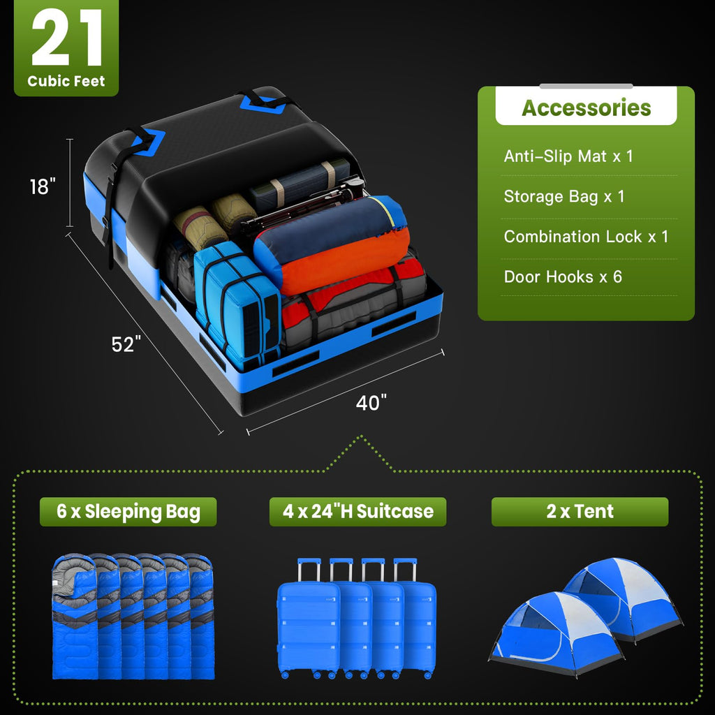 APTY 21 Cubic Feet Car Rooftop Cargo Bag Carrier, Soft Roof Top Luggage Bag for All Vechicles with/Without Racks - with Waterproof Zip, Luggage Lock, Anti-Slip Mat, Storage Bag, Door Hooks, Blue